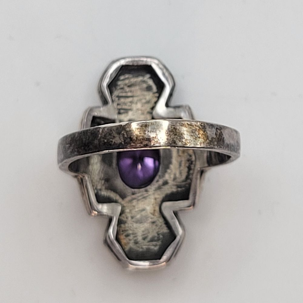 Sterling Silver Purple Glass Center Onyx Art Deco Style Ring Size 5 1/4 - Picture 6 of 13